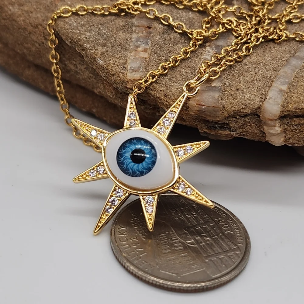 Rhodium 14K Gold Plated Chain Moroccan Evil Eye Star Mystic Pendant
